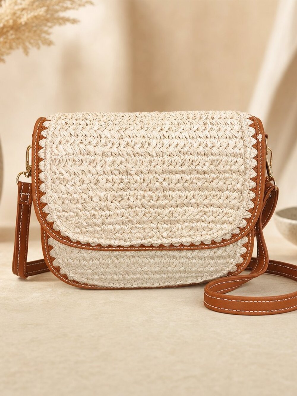 Tan Woven Crossbody Shoulder Bag Brown Trim | Coastal Resort Chic | Everyday Pur